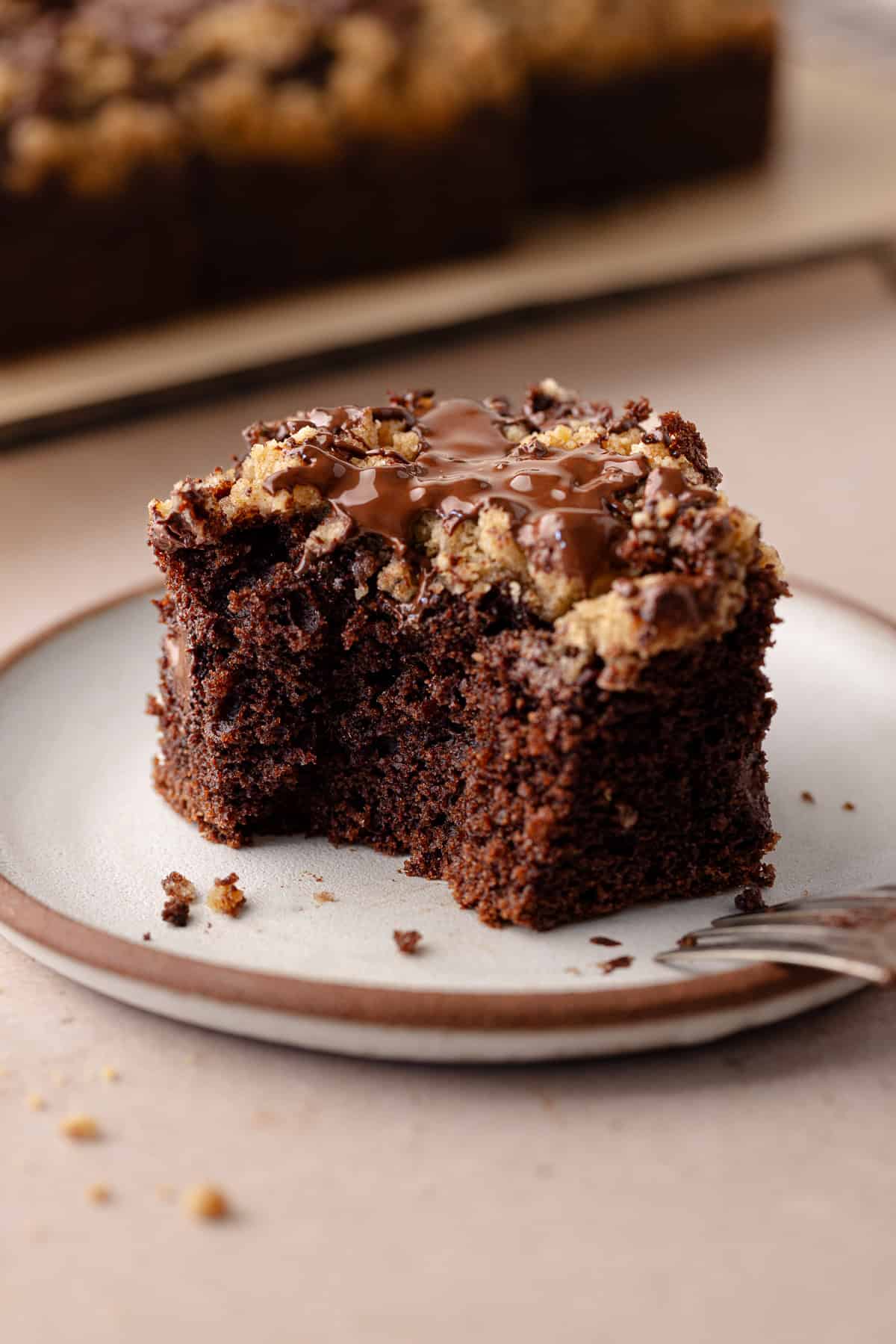 A piece of chocolate coffee cake on a dessert plate.