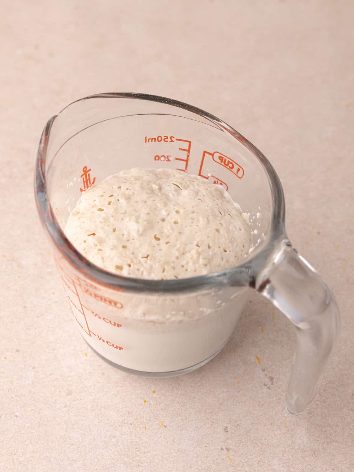 Yeast milk mixture is frothy and sitting in a measuring cup.