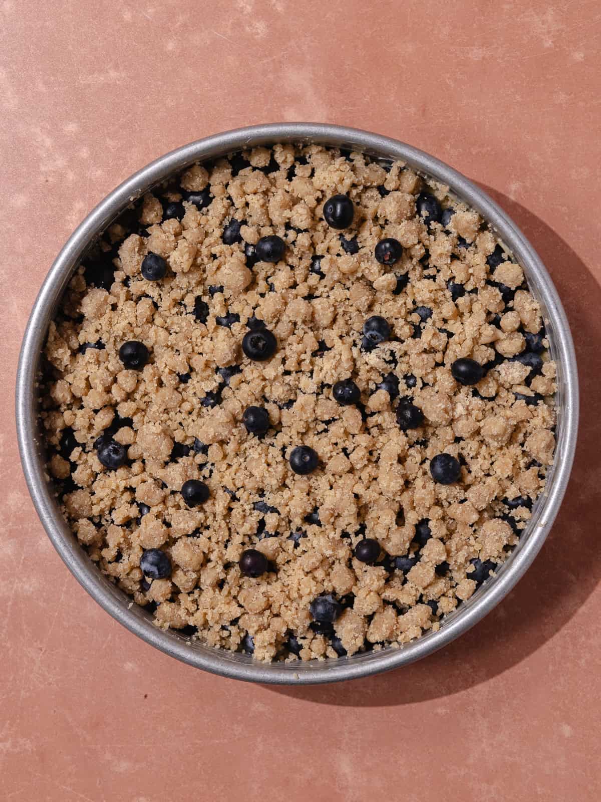 Blueberry lemon crumb cake topped with fresh blueberries and crumb topping.