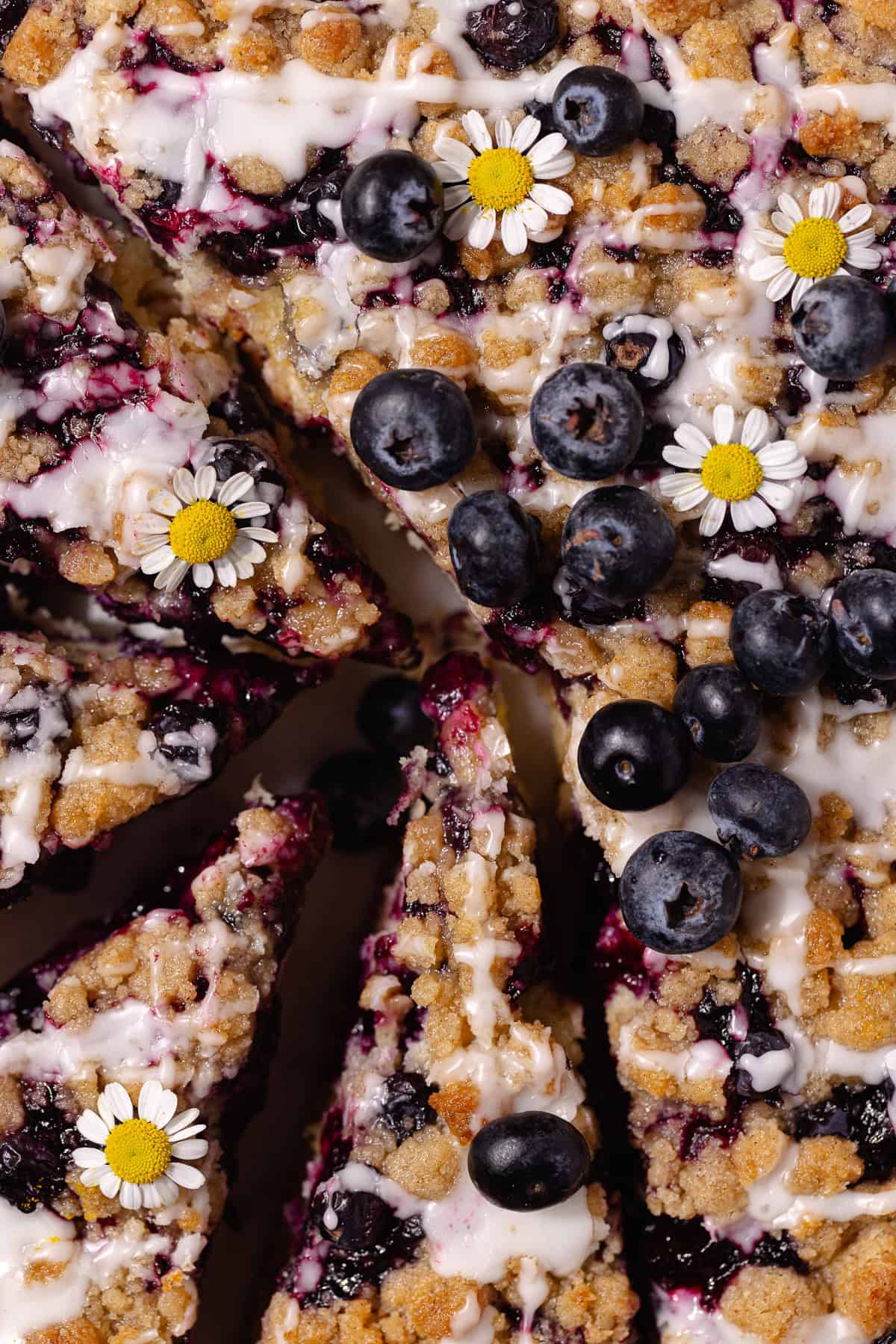 Close up of Blueberry lemon crumb cake slice on a serving platter.