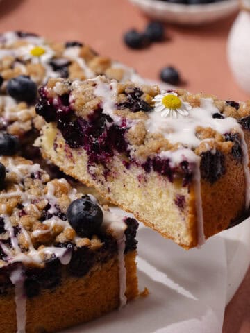 Blueberry lemon crumb cake slice in a cake server feature photo.