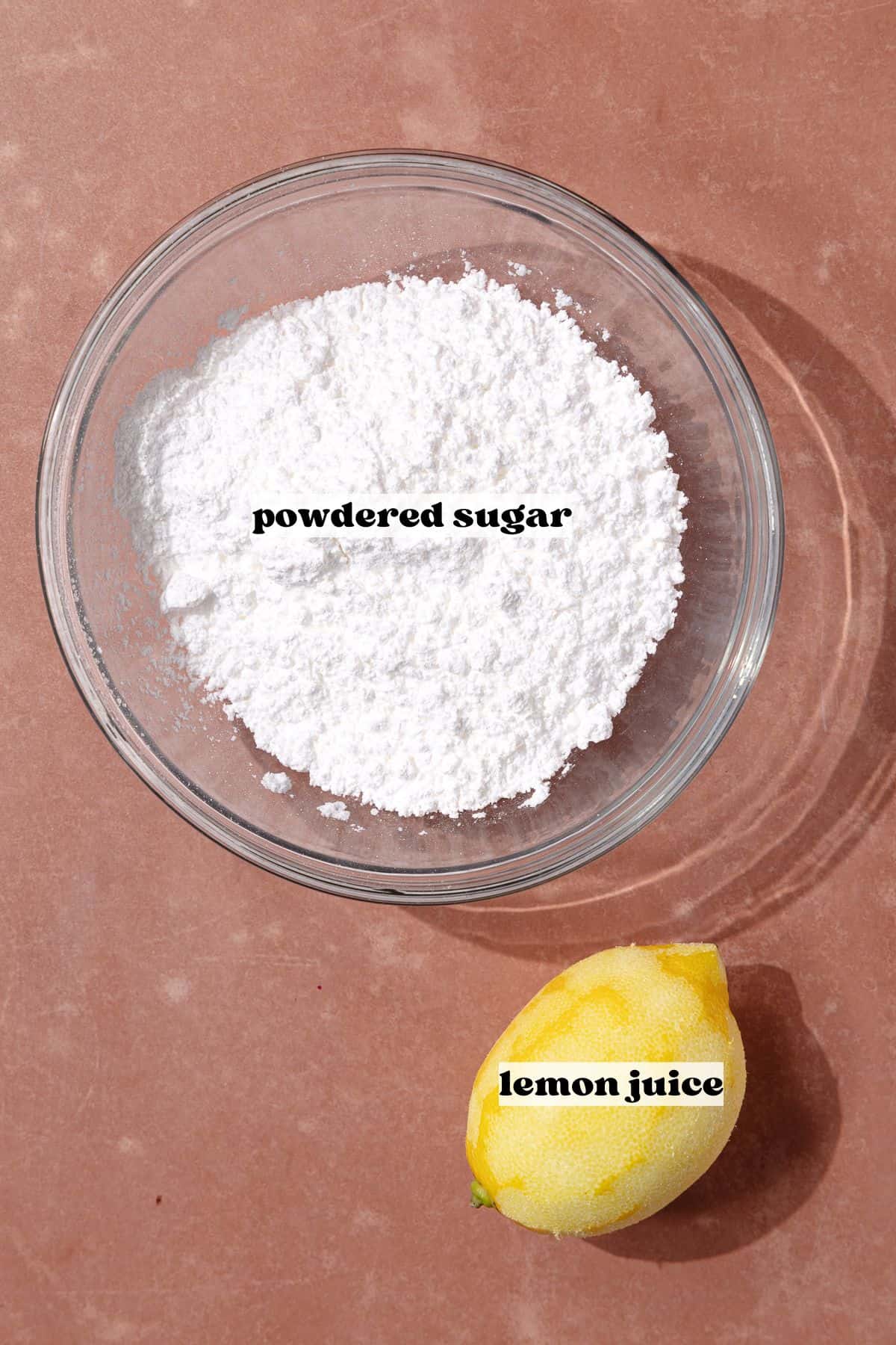 Lemon glaze ingredients which include, powdered sugar and freshly squeezed lemon juice.