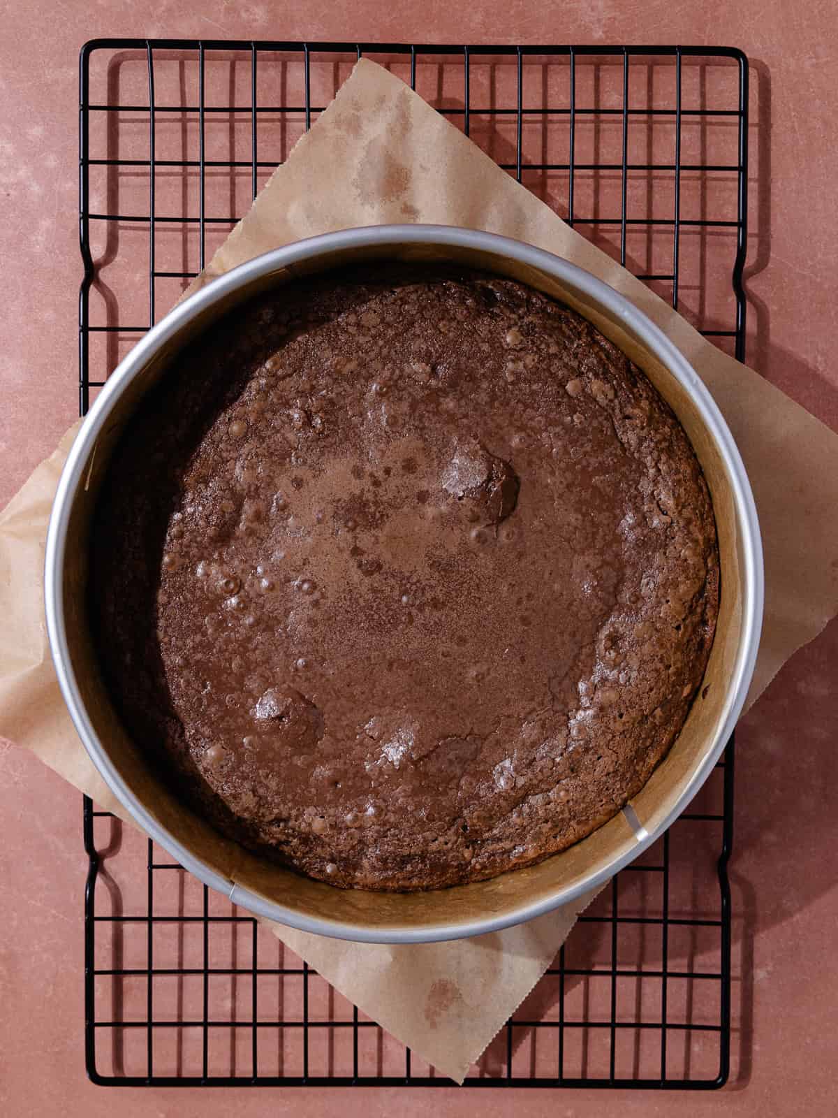 Chocolate gooey butter cake is baked and sitting in a wire rack to cool.