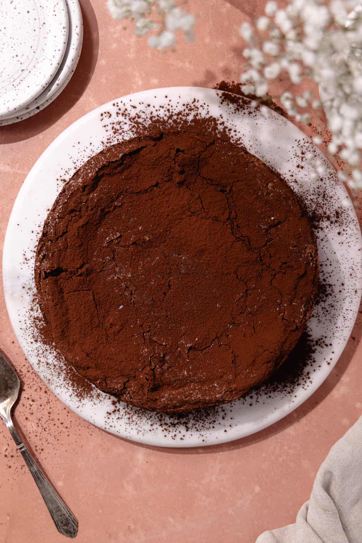 Chocolate gooey butter cake dusted with cocoa powder is sitting on a cake plate.