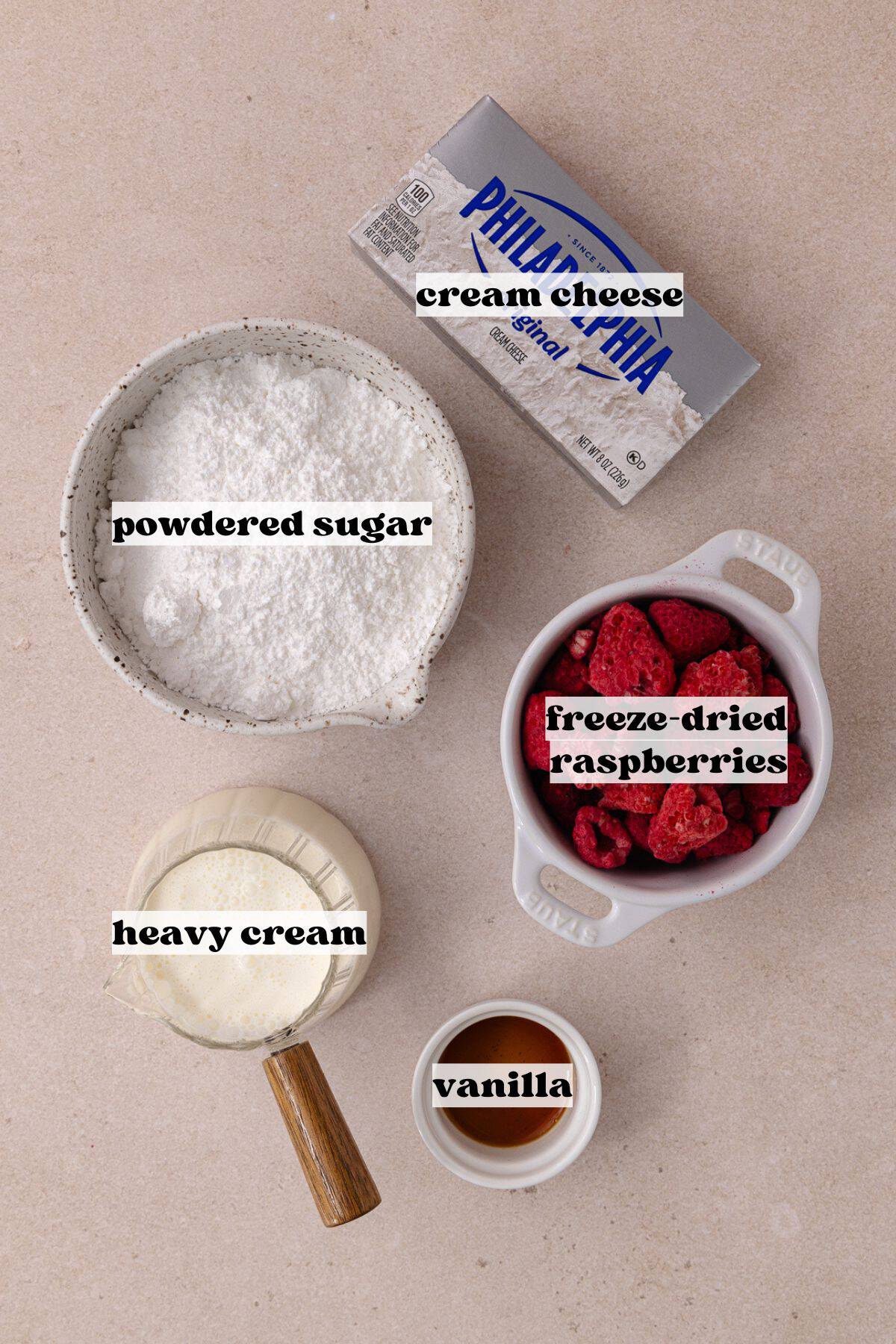 Raspberry cheesecake filling ingredients which include, cream cheese, heavy cream, powdered sugar, freeze-dried raspberries and vanilla extract.