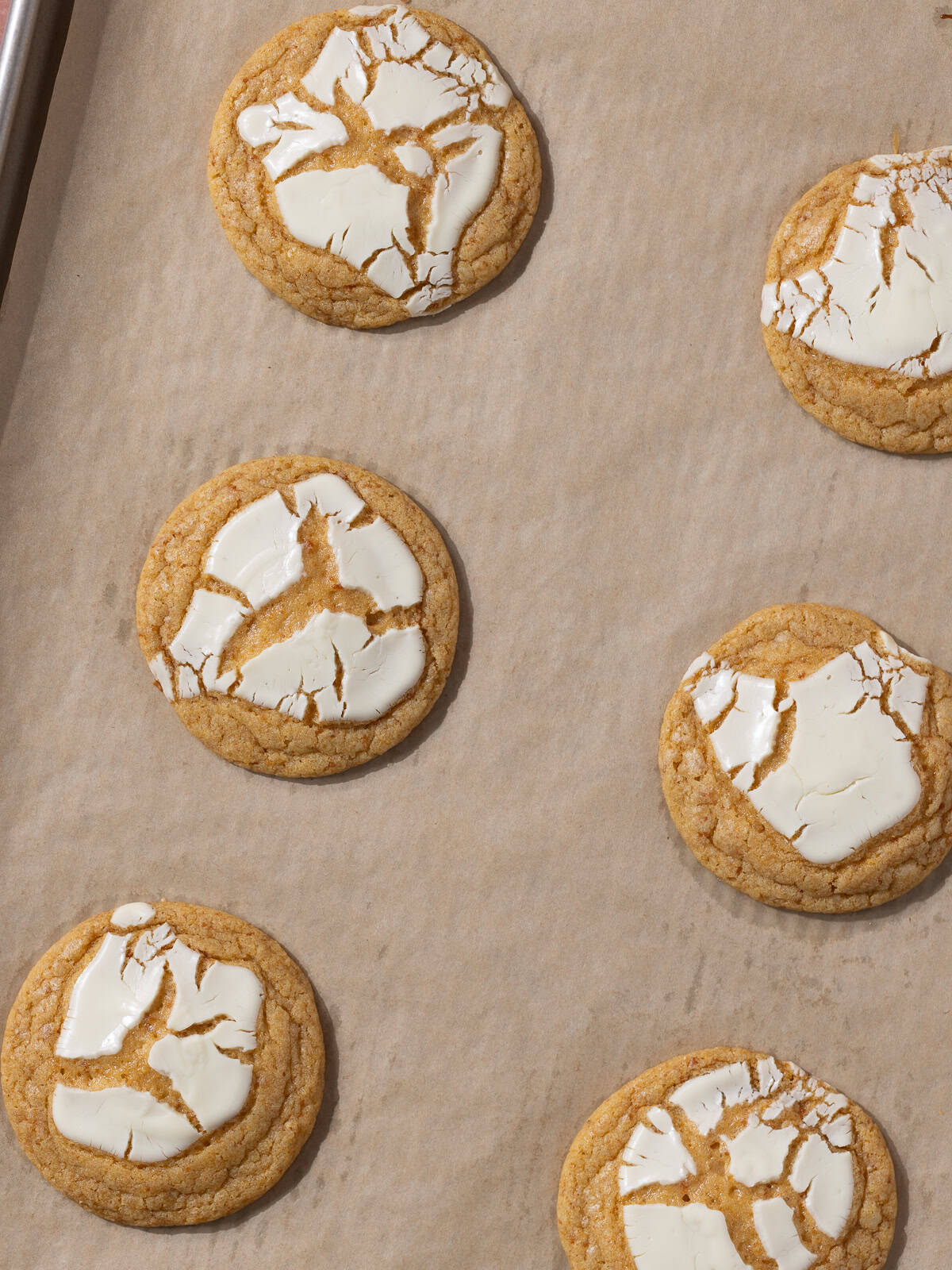 Captain Crunch cookies topped with white chocolate are baked and sitting on a cookie sheet.