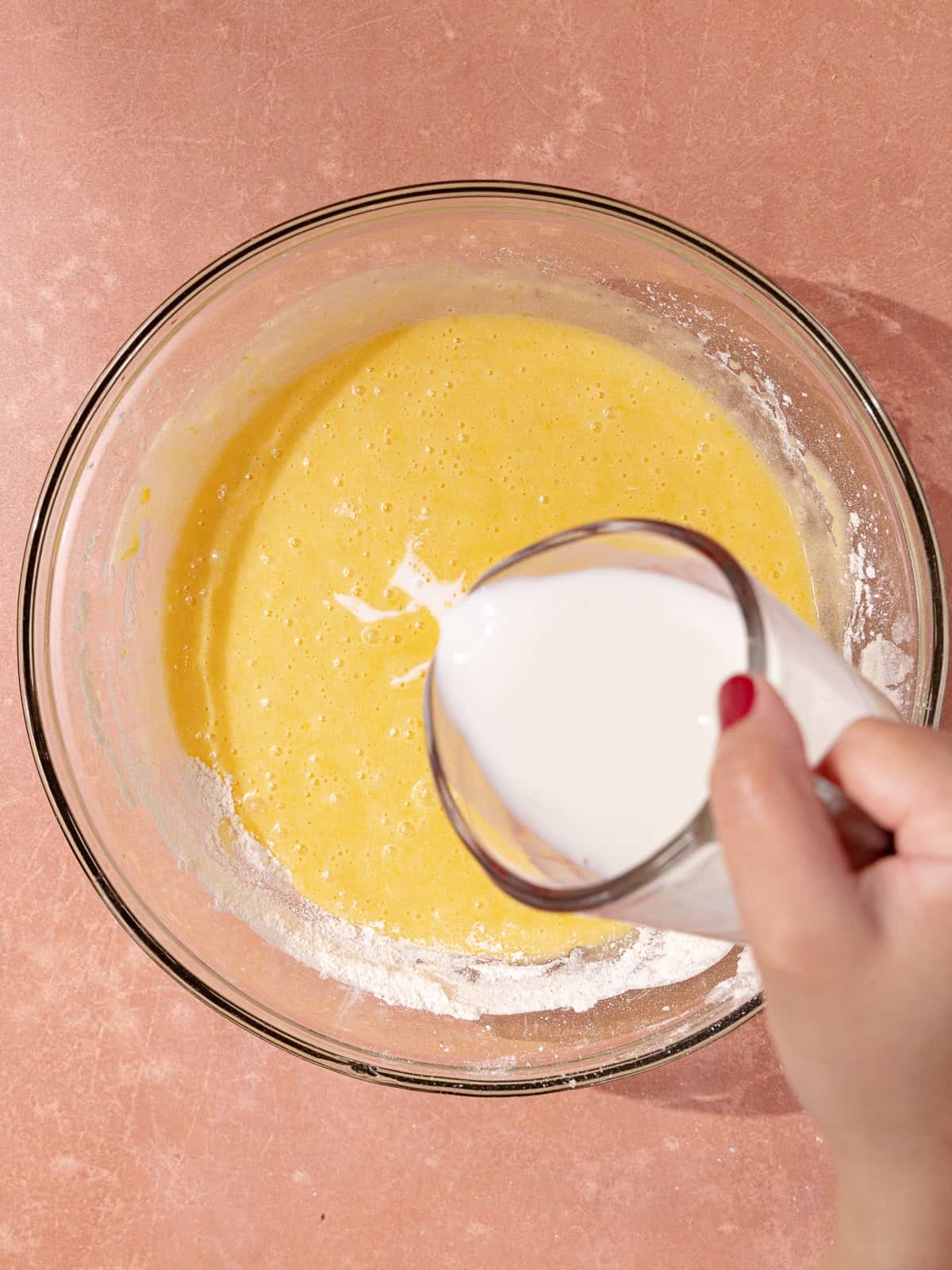 Buttermilk is added to the cake batter.