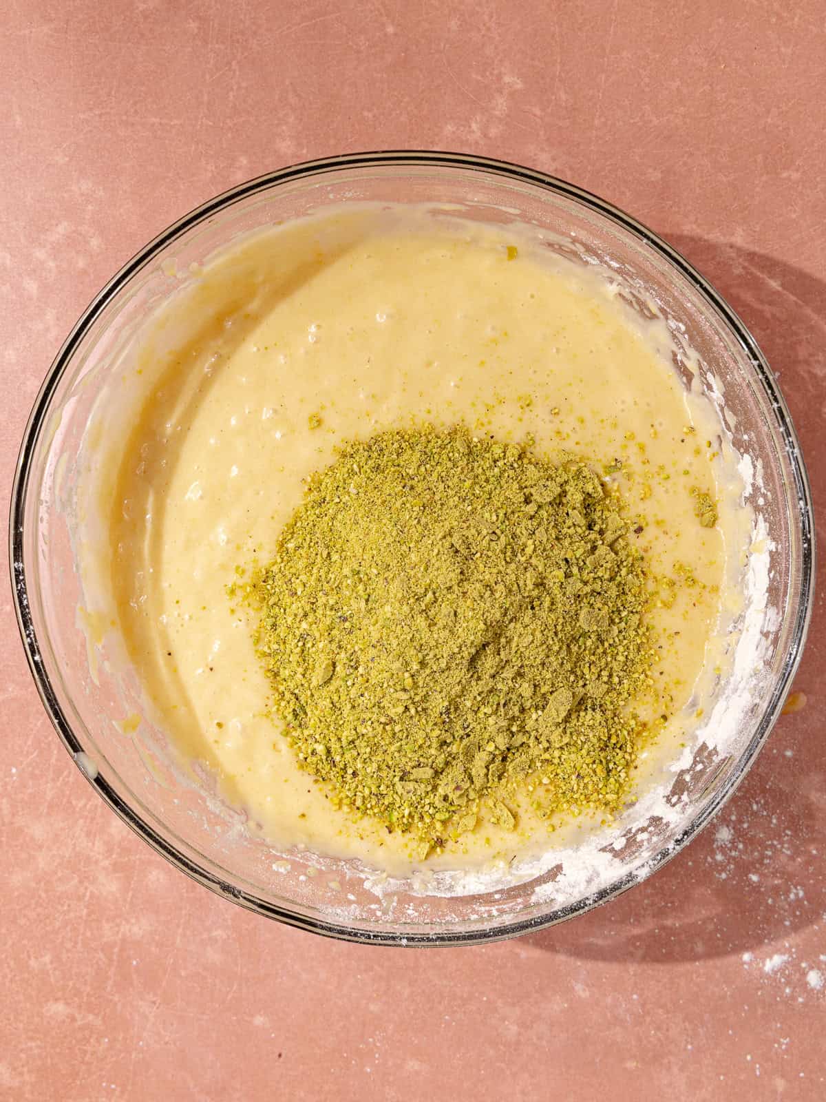 Finely ground pistachios are added to the cake batter.