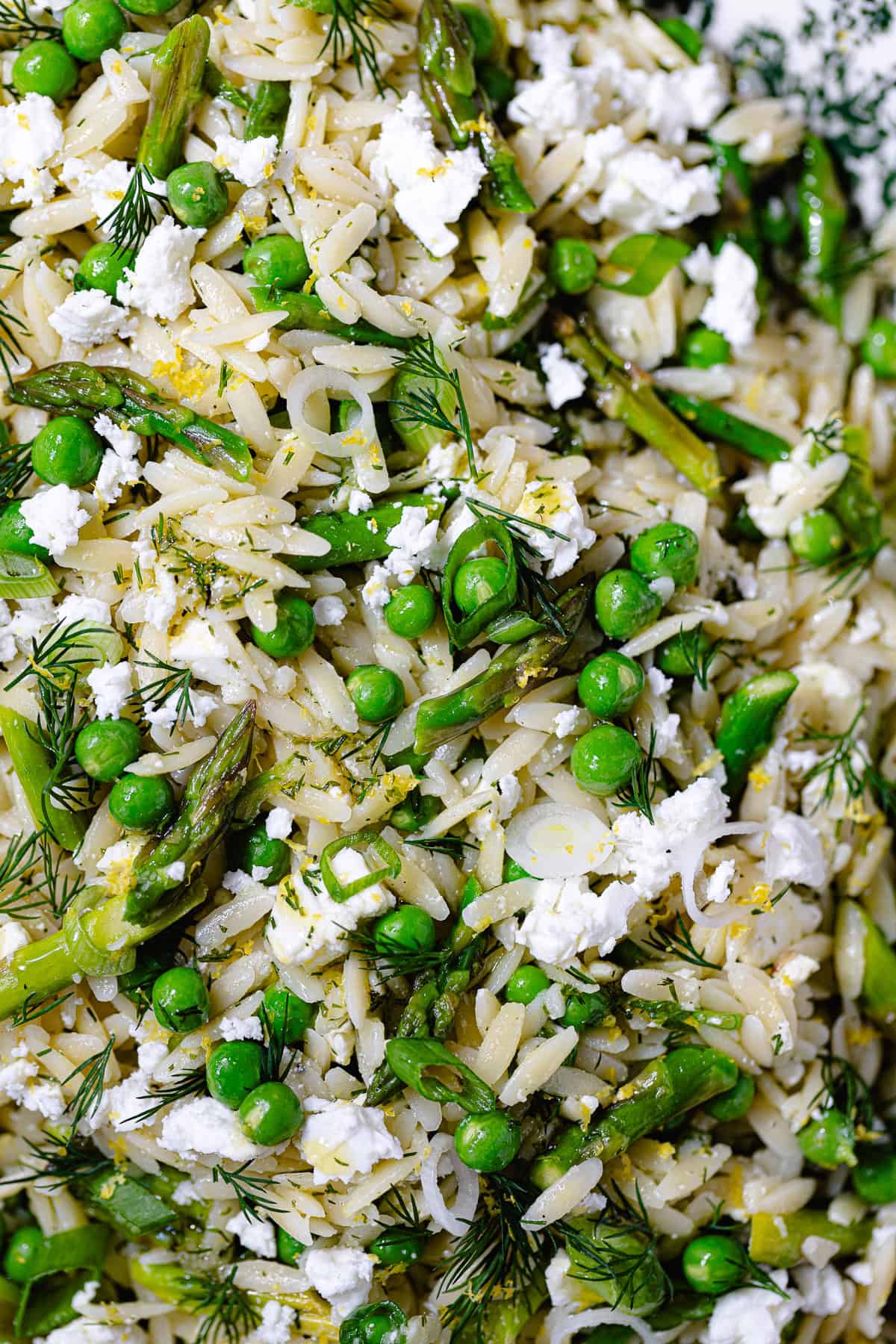 A close up of spring orzo pasta salad with peas and asparagus.